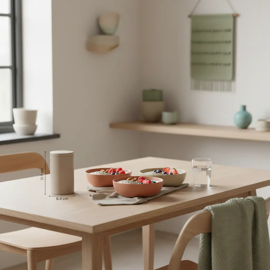 Minimalistisches veganes Frühstück mit Haferbrei, Nüssen und Beeren auf nachhaltigem Holztisch im sanften Morgenlicht, dezente Leinen- und Keramiktexturen, Produkt aus den Referenzfotos sichtbar — abnehmen tipps