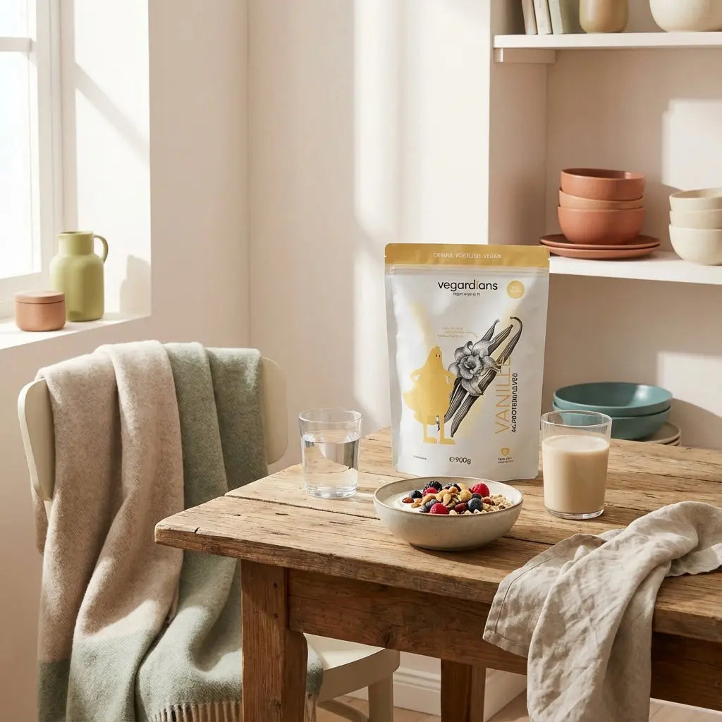 Minimalistische Morgen‑Szene: nachhaltiger Holztisch mit Wasser, Hafer‑Joghurt mit Beeren und Nüssen sowie pflanzlichem Shake — ideal zum abnehmen und muskeln aufbauen.