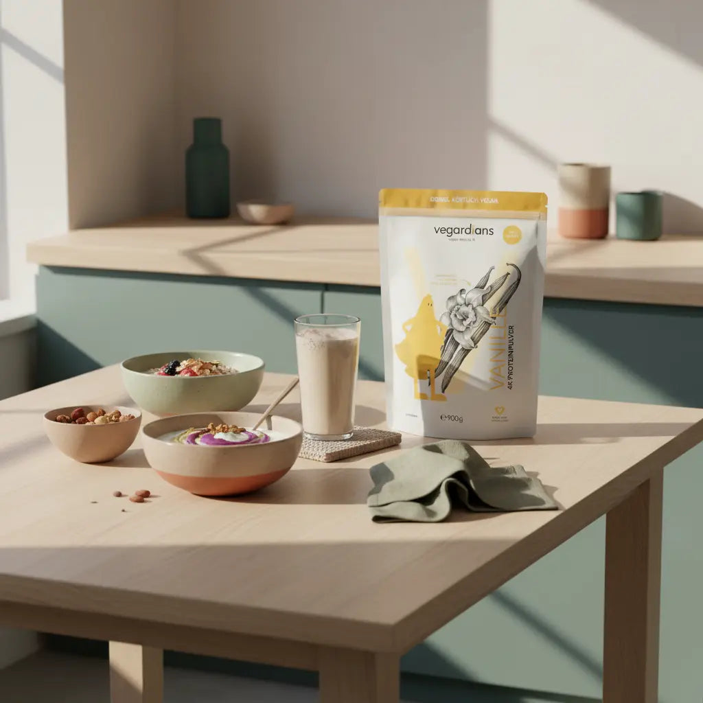 Minimalistische Morgenszene in europäischer Küche: nachhaltiger Holztisch mit veganer Bowl, pflanzlichem Joghurt, Nüssen und Proteinshake – bewusstes Essen zum abnehmen