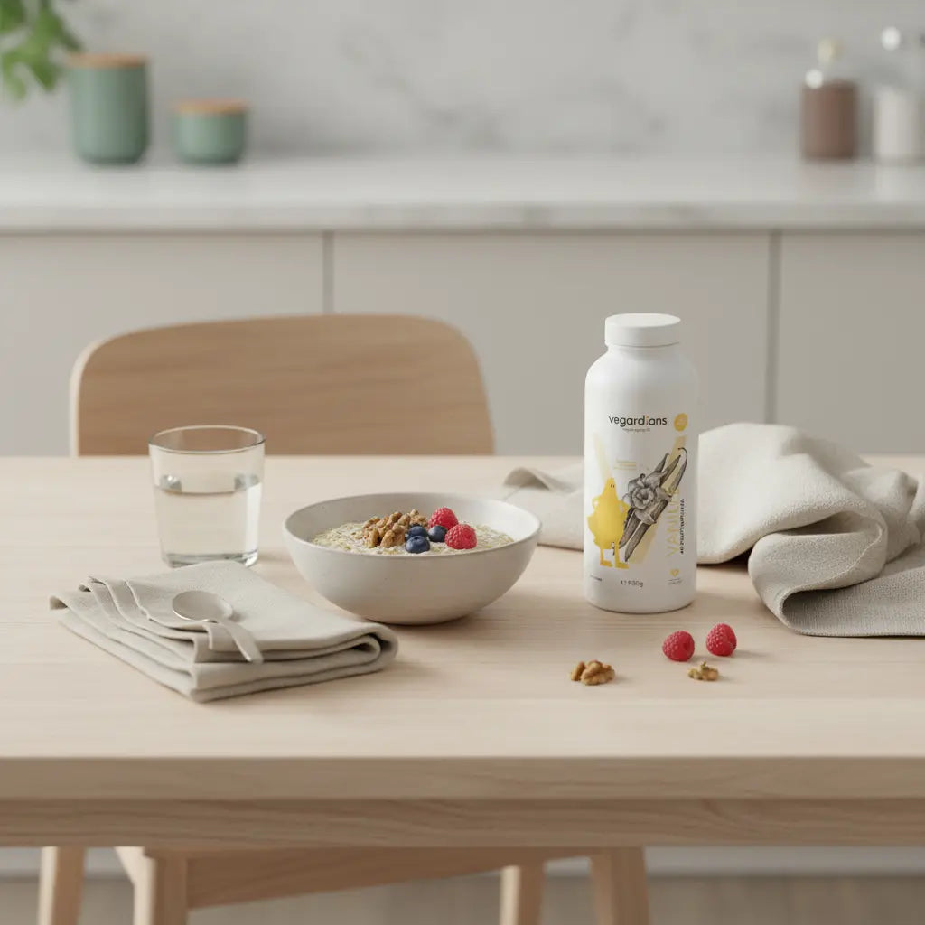 Minimalistische morgendliche Küchenaufnahme mit Haferbrei, Nüssen, Beeren, Glas Wasser und veganem Proteinshake – Szene unterstützt Abnehmen zu Hause in ruhiger, erdiger Farbwelt.