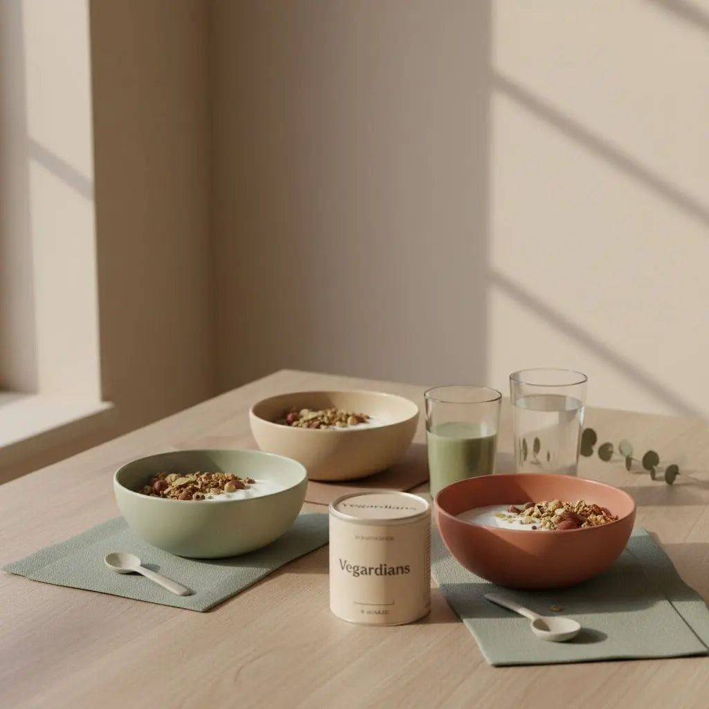 Minimalistischer Frühstückstisch in europäischer Küche mit veganem Granola, Joghurt, Nüssen, Shake und dem Produkt aus den Referenzfotos — Abnehmplan erstellen.