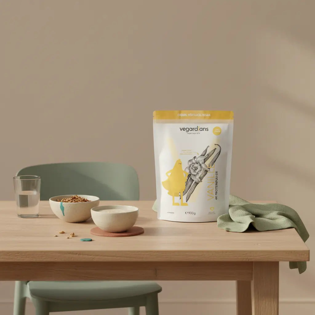 Minimalistische Morgen‑Frühstücksszene auf Holztisch mit Müsli, veganem Protein‑Shake, Glas Wasser, Leinenserviette und Abnehmpräparate‑Produkt im natürlichen Licht