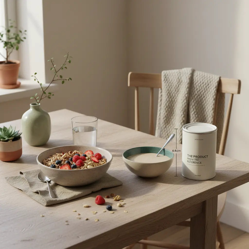 Minimalistische Morgenküche mit nachhaltigem Holztisch, Glas Wasser, Hafer-Müsli mit Nüssen und Beeren, angerührtem Shake und Abnehmpulver-Produkt aus Referenzfotos, volle Bildfläche.