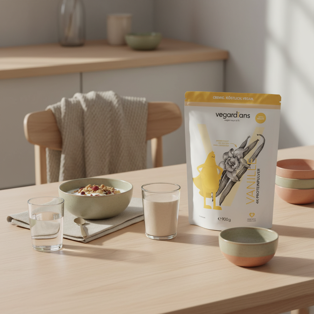 Minimalistische Küchenmorgen-Szene mit Glas Wasser, Müsli, Nüssen, Shake und Abnehmpulver-Produkt auf nachhaltigem Holztisch in warmen Beige- und Salbeitönen.