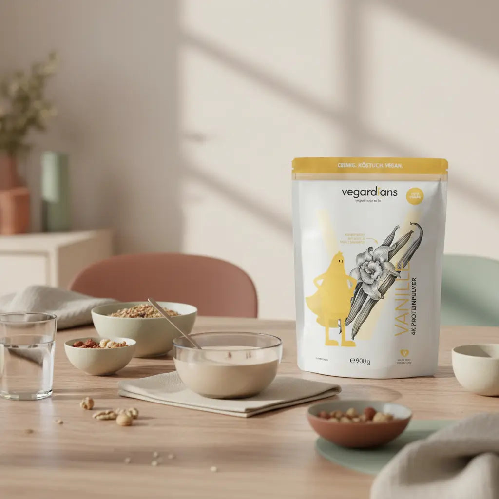 Minimalistische Morgenaufnahme eines Holztischs mit Glas Wasser, Müsli, Nüssen und Abnehmshake in Keramikschale, nachhaltige vegane Ästhetik, vegardians Farbstimmung.