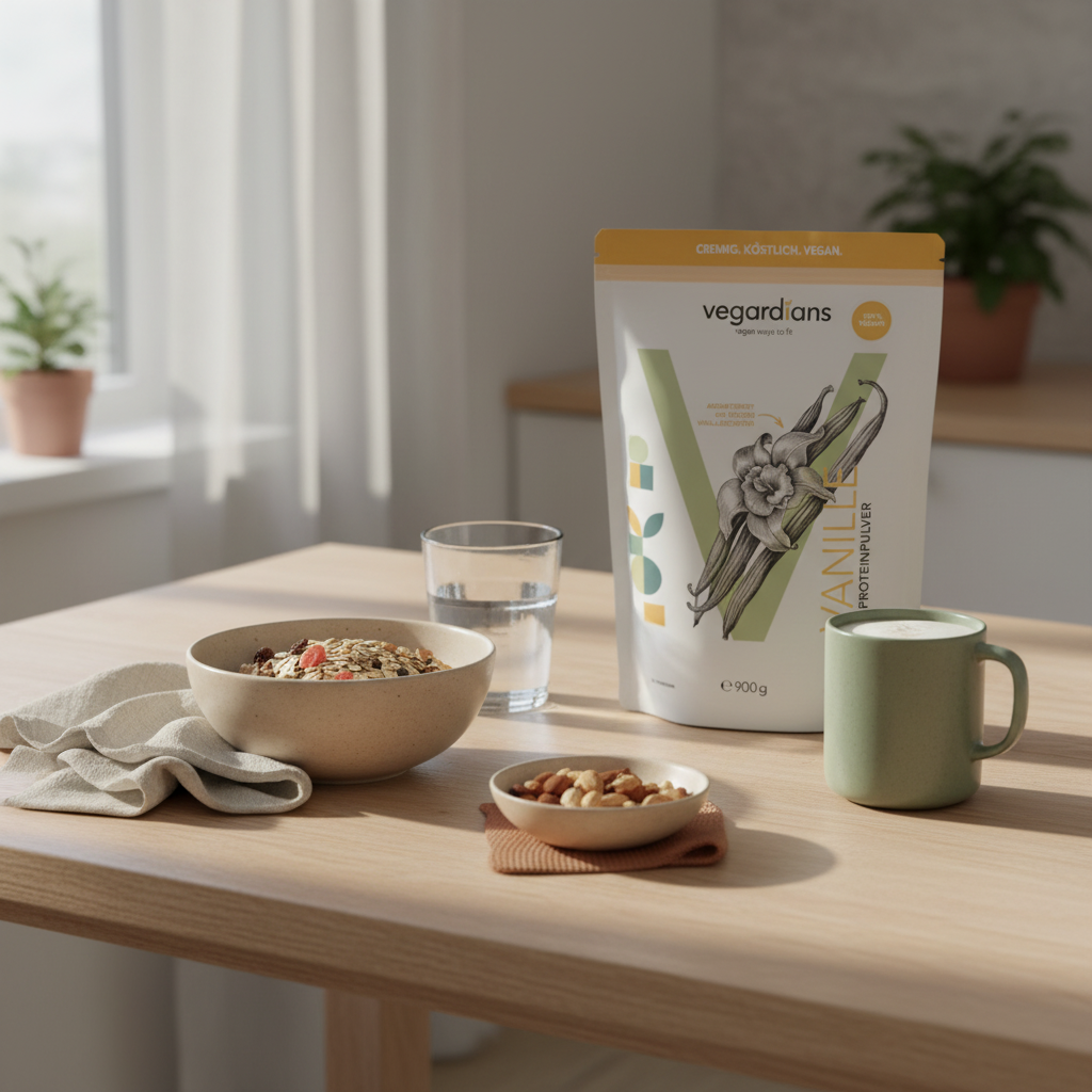 Minimalistische europäische Küchenszene bei Morgenlicht: nachhaltiger Holztisch mit Glas Wasser, Müsli, Nüssen und pflanzlichem Shake – Abnehmshakes im Fokus, warme beige‑ und salbeitöne.