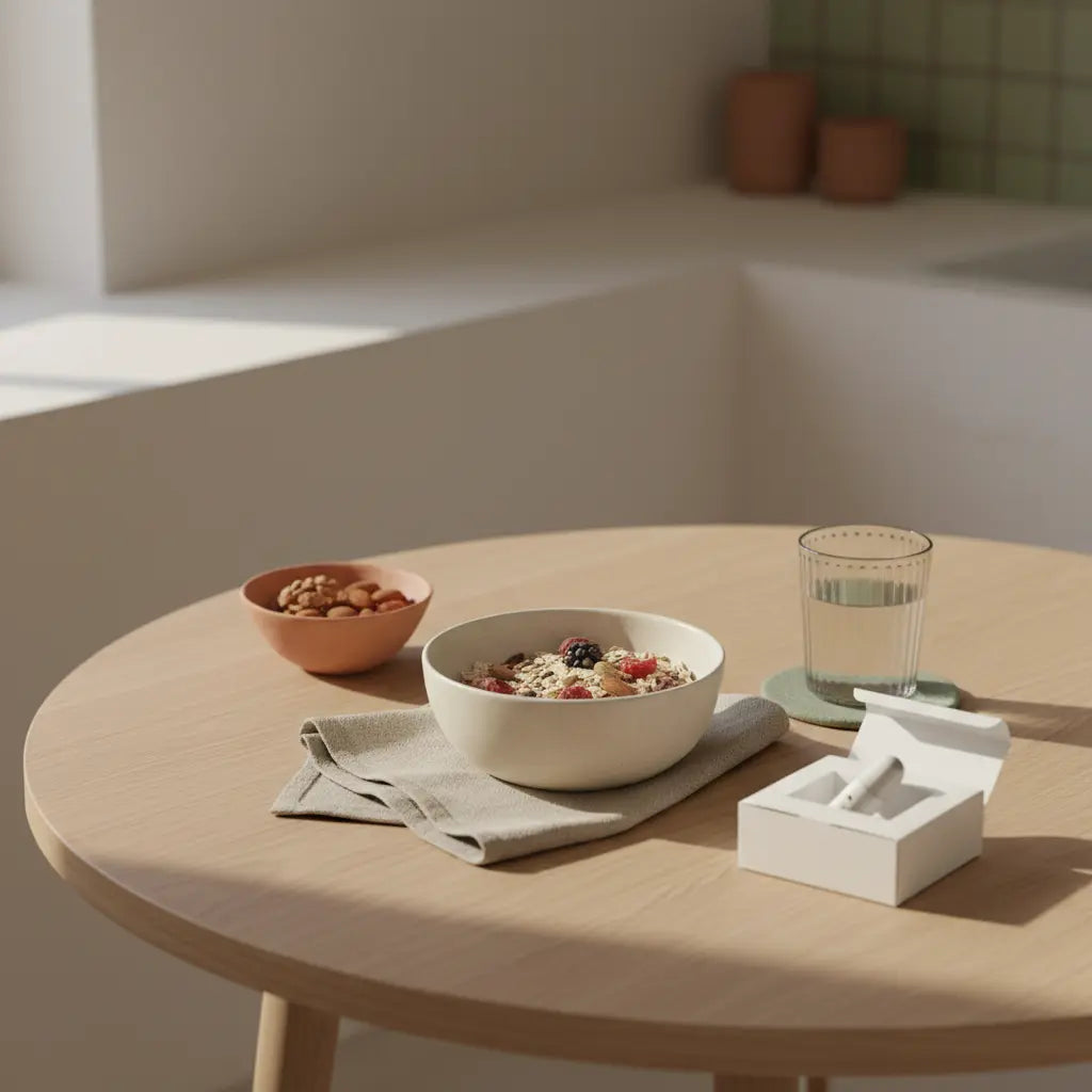 Minimalistische Morgenküche mit pflanzlichem Frühstück und geöffneter Packung einer Abnehmspritze auf Holztisch, natürliche Texturen, kein Mensch im Bild