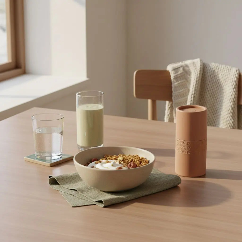 Abnehmtabletten neben veganem Frühstück mit Granola, pflanzlichem Joghurt, Nüssen und Shake auf nachhaltigem Tisch in heller, ruhiger Morgenküche