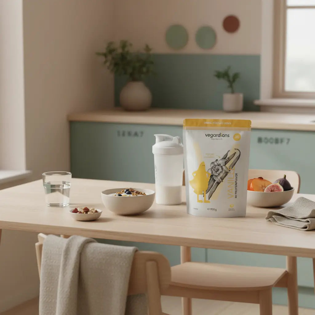 Minimalistischer Frühstückstisch mit Glas Wasser, Hafer‑Joghurt, Nüssen, Früchten und geschlossenem Vegardians‑Protein‑Shaker im sanften Morgenlicht – Aerobic abnehmen