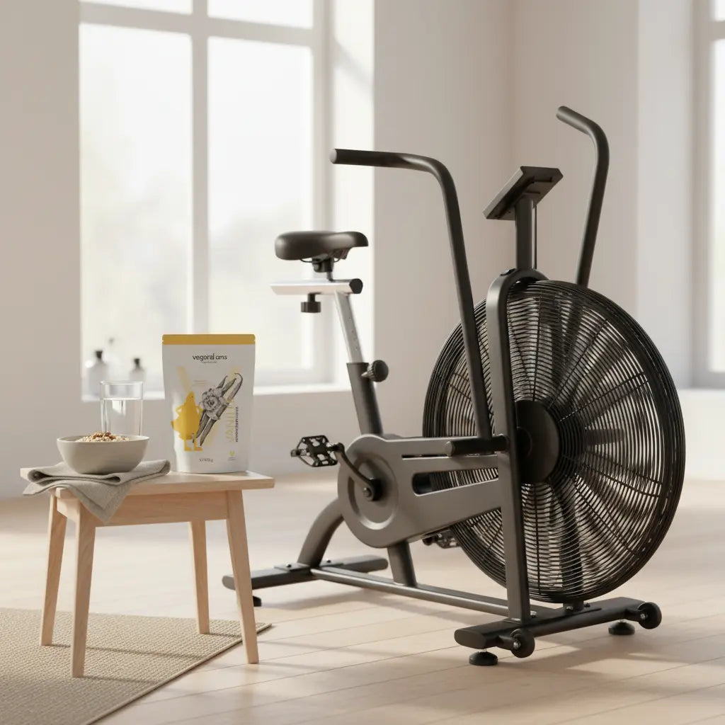 AirBike in hellem nordischem Trainingsraum mit kleinem Holztisch, Haferbrei, Nüssen, Glas Wasser und pflanzlichem Proteinpulver-Döschen (Produkt aus Referenzfotos).
