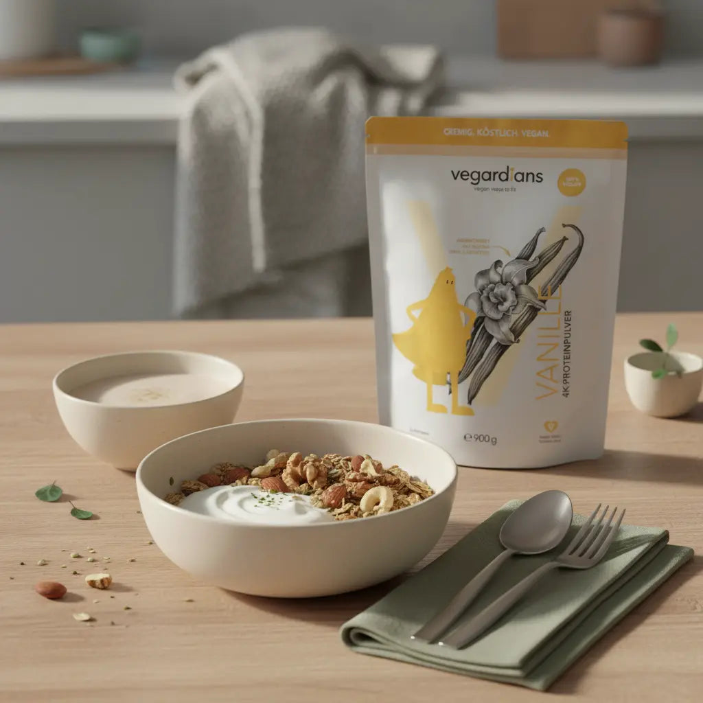 Minimalistische Morgen-Küchenszene mit veganem Müsli, Shake, Woll- und Leinentexturen und dezent platziertem Produkt aus Referenzfotos – anaboles essen.