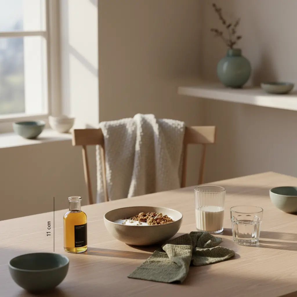 Anfänger Fitnessplan: Minimalistisches Frühstück mit veganem Granola, Joghurt, Nüssen und Shake auf nachhaltig gedecktem Tisch in sanftem Morgenlicht