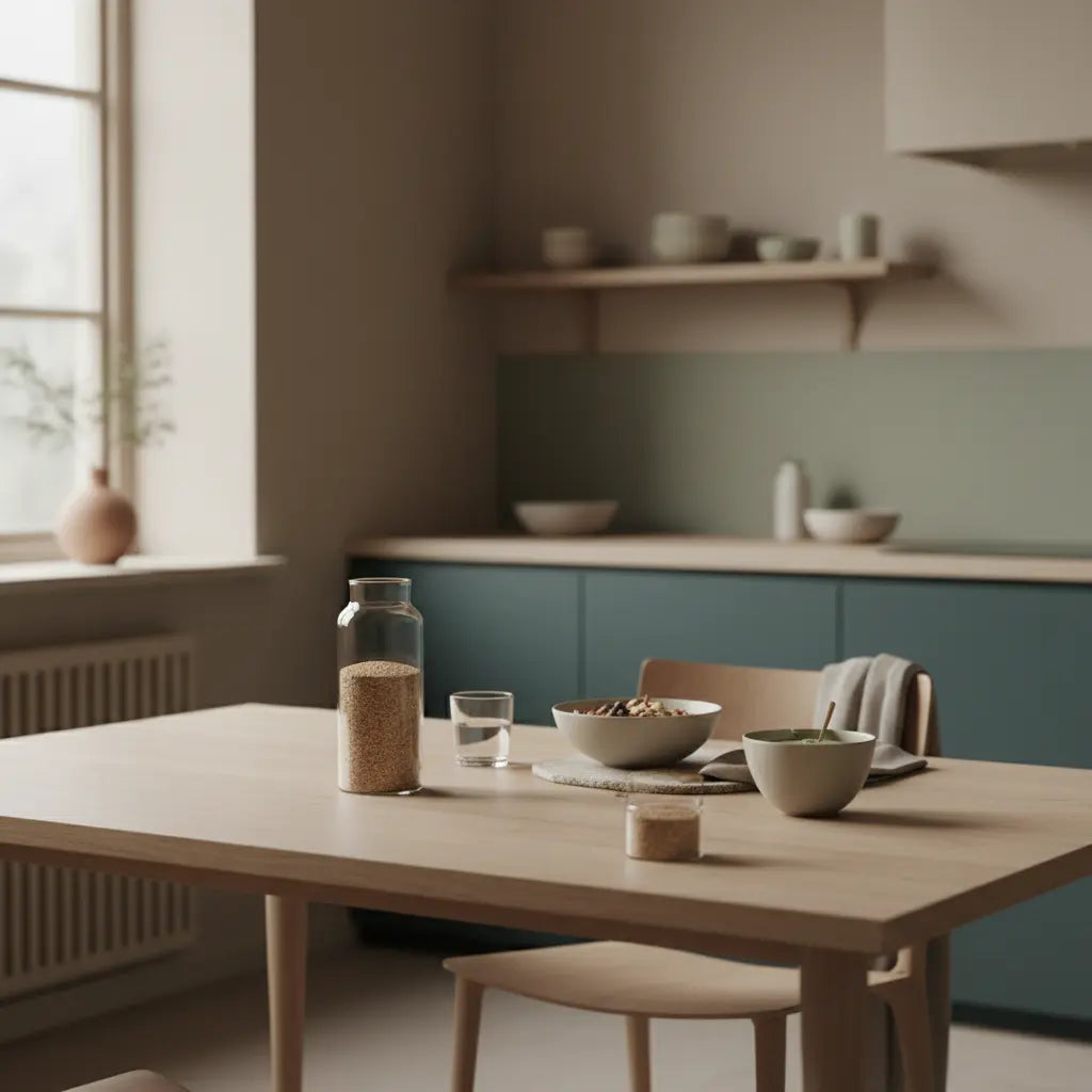 Anti-Aging Gesichtspflege Produkt auf einem minimalistischen Frühstückstisch mit veganem Müsli, Joghurt, Nüssen und Shake in heller, ruhiger Küchenatmosphäre.