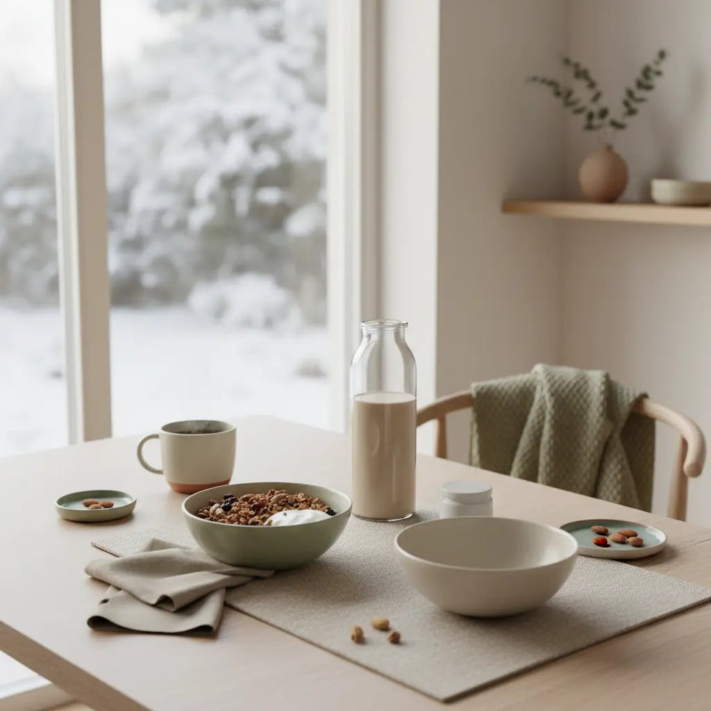 Arnold Schwarzenegger vegan: Minimalistisches veganes Frühstück in europäischer Küche mit Granola, pflanzlichem Joghurt, Nüssen und Proteinshake im sanften Morgenlicht