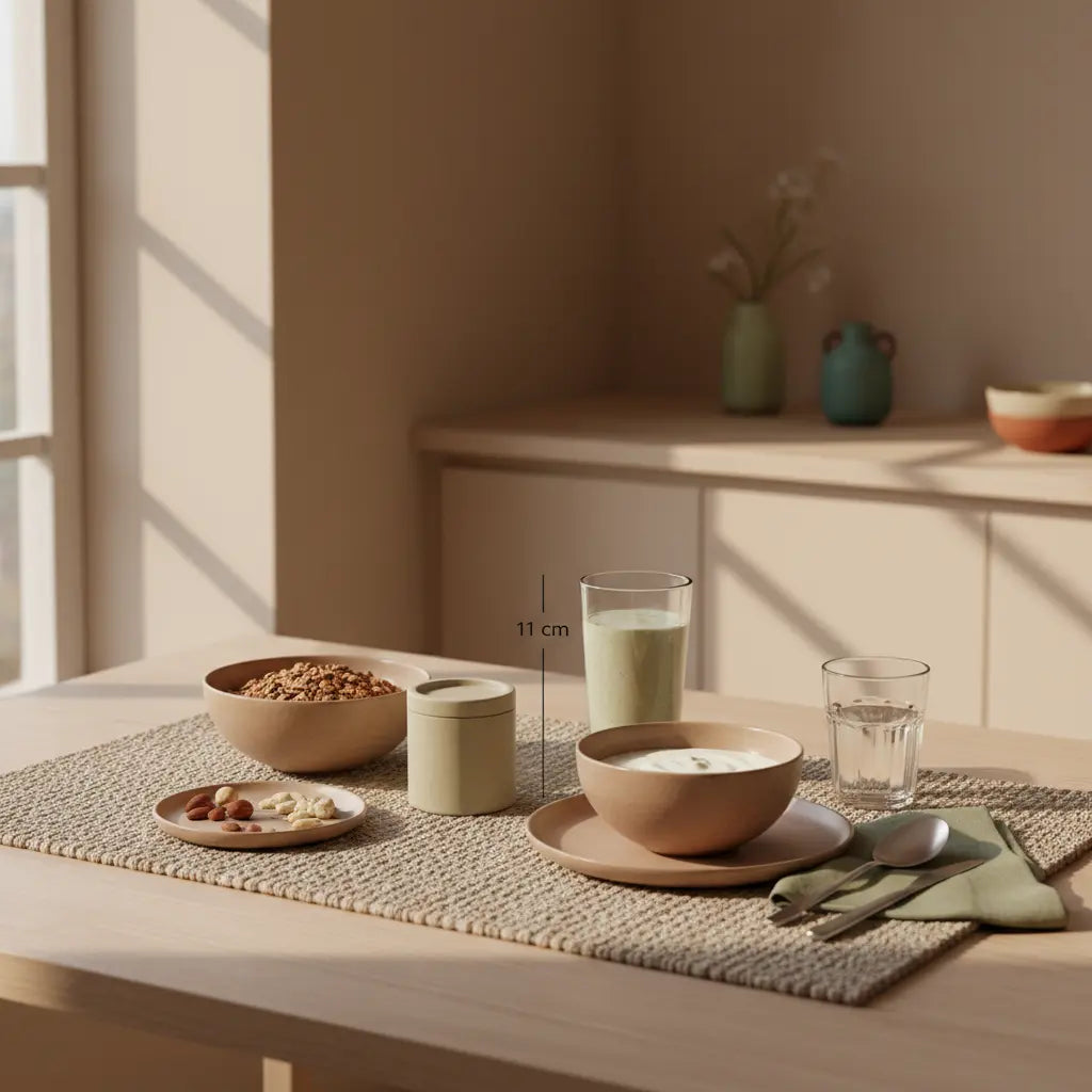 Minimalistischer Frühstückstisch mit Granola, pflanzlichem Joghurt, Nüssen und Shake in sanftem Morgenlicht – ausgewogene vegetarische Ernährung für nachhaltige, langsame Mahlzeiten