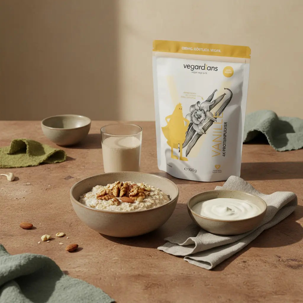 Minimalistisches Frühstück mit veganem Müsli, Nüssen und Proteinshake auf Holztisch neben dem Produkt aus den Referenzfotos im Morgenlicht – Bauchfett reduzieren ab 50