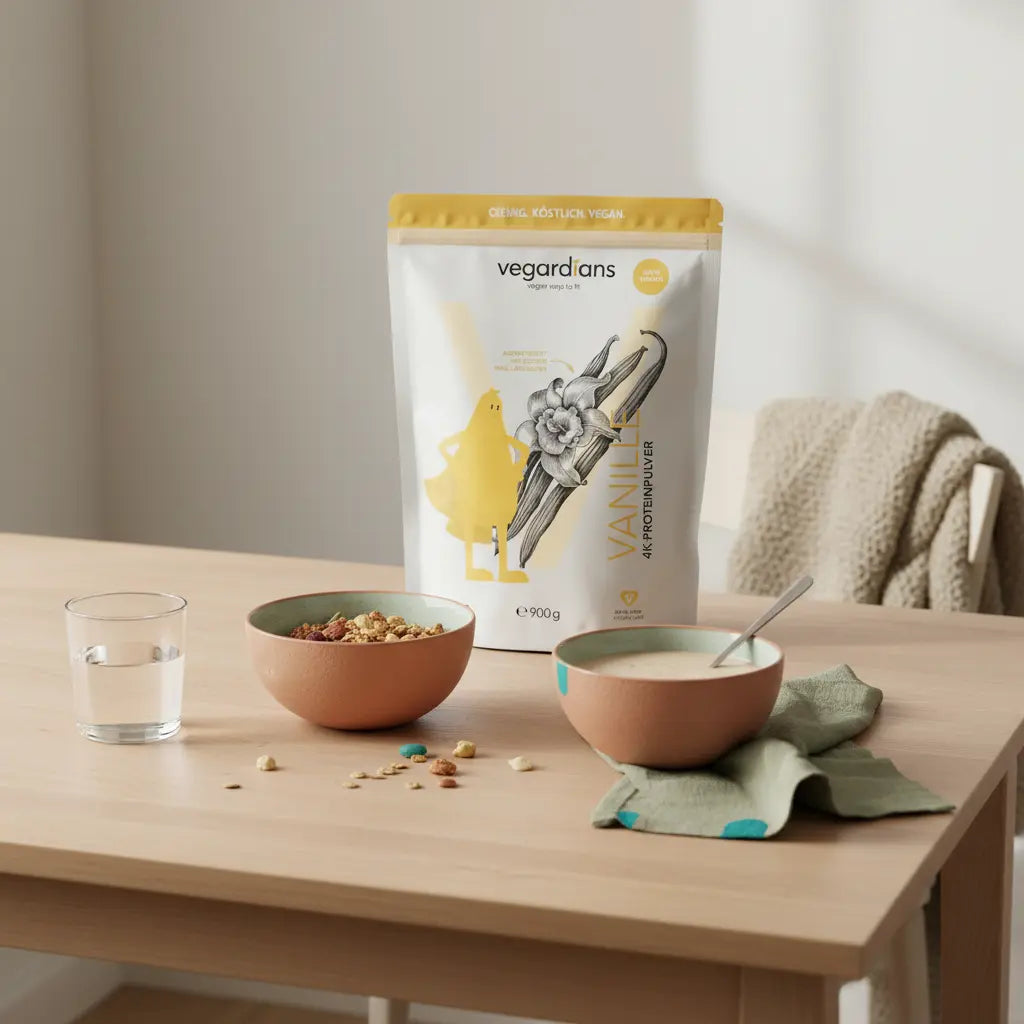 Minimalistisches Morgenfrühstück auf Holztisch mit Müsli, veganem Shake, Wasserglas und dezentem Produkt – ruhige Szene zum Thema Bauchfett reduzieren ab 60