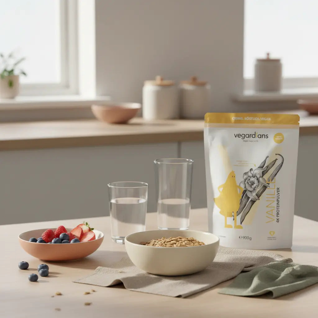 Minimalistisches Frühstück mit Hafer, Beeren und Shake auf nachhaltigem Holztisch im sanften Morgenlicht – bewusstes Essen zum Bauchfett reduzieren