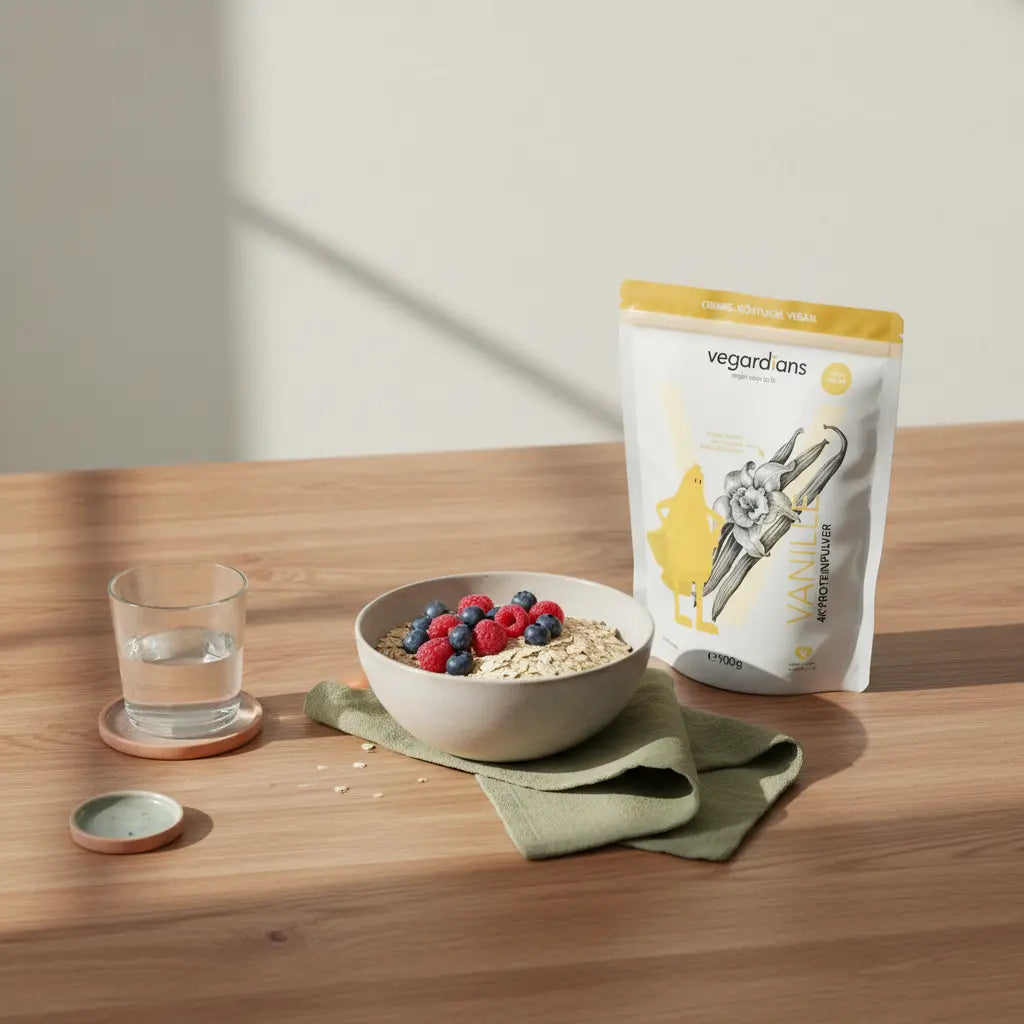 Minimalistische Morgen-Küchenszene mit Holztisch, Wasserglas, Haferflocken mit Beeren und Vegardians-Dose – inspirierend für Bauchfett reduzieren.