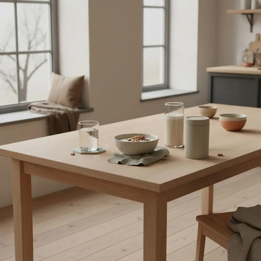 Veganes Frühstück mit Granola, Joghurt, Nüssen, Shake und Vegardians-Produkt auf minimalistischem Tisch – inspiriert zum Bauchfett reduzieren durch bewusste Ernährung.