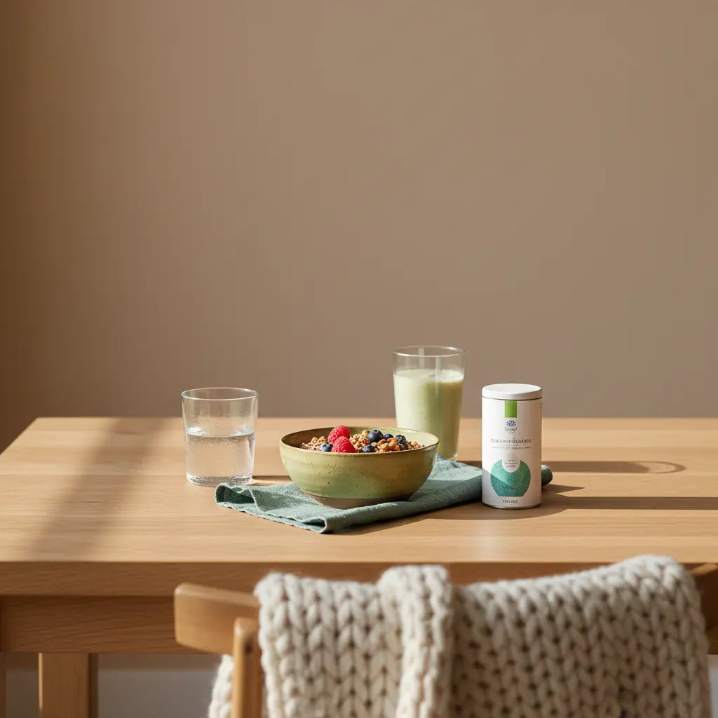 Vegardians-inspirierte Morgenessenszene mit Müsli, veganem Shake und dem Produkt aus den Referenzfotos auf nachhaltigem Holztisch – bauchfett reduzieren.