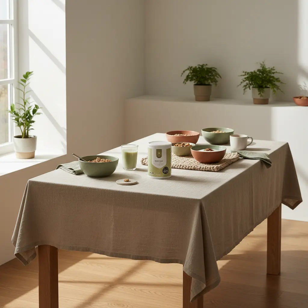 Veganes Frühstück mit Granola, pflanzlichem Joghurt, Nüssen und Shake auf minimalistischem Tisch in sanftem Morgenlicht – ruhige Szene zum Bauchfett schnell verlieren.