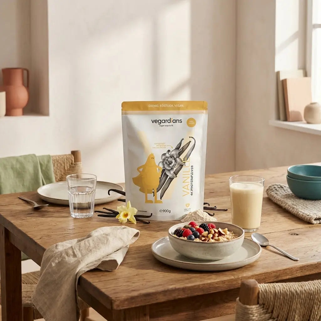 Minimalistisches Frühstück mit Haferflocken, Nüssen, Beeren, Shake und Wasserglas auf nachhaltigem Tisch in sanftem Morgenlicht – bauchfett verlieren ab 50