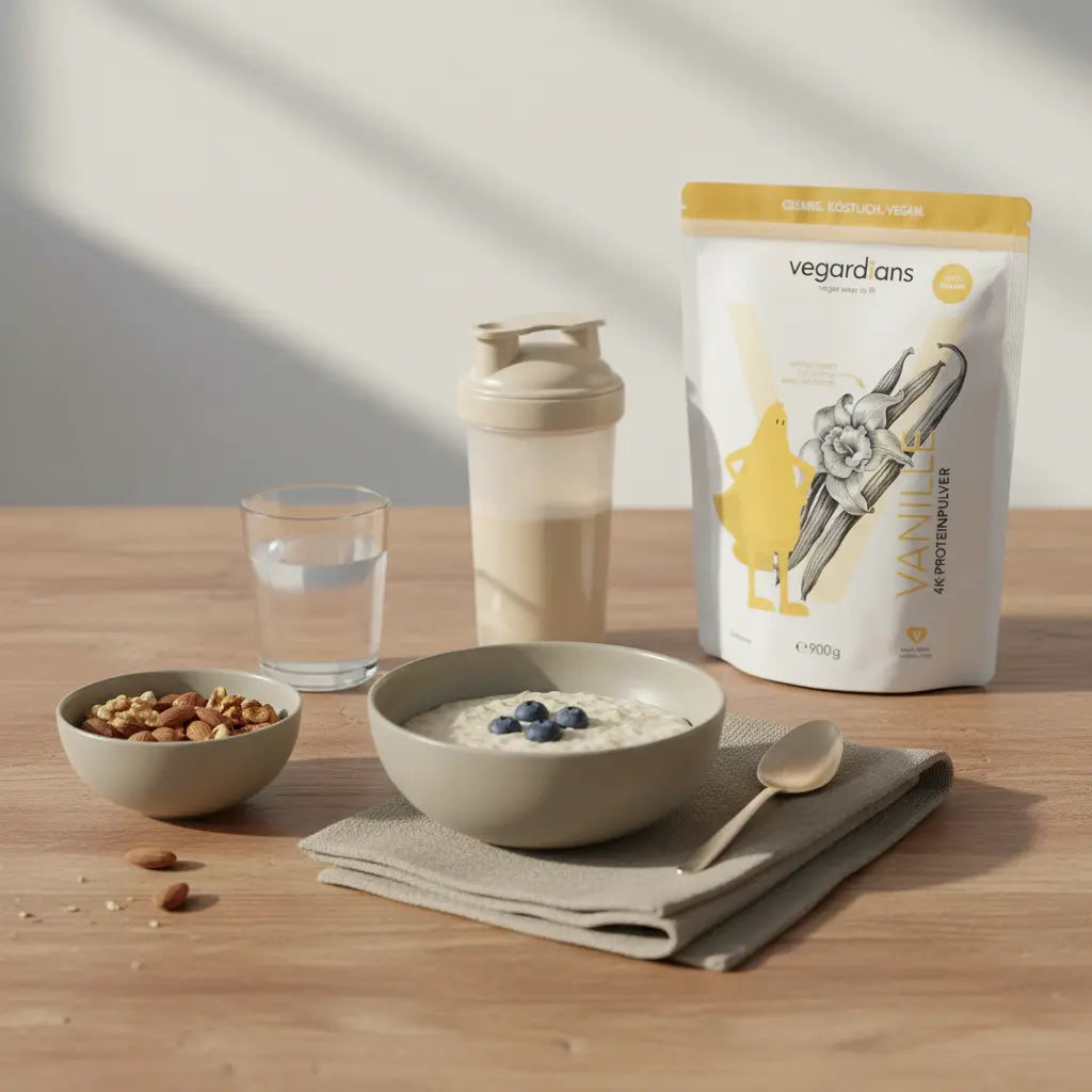 Veganes Frühstück mit Haferporridge, Shake, Nüssen und Glas Wasser auf Holztisch in ruhiger Morgenstimmung – bauchfett verlieren ernährung