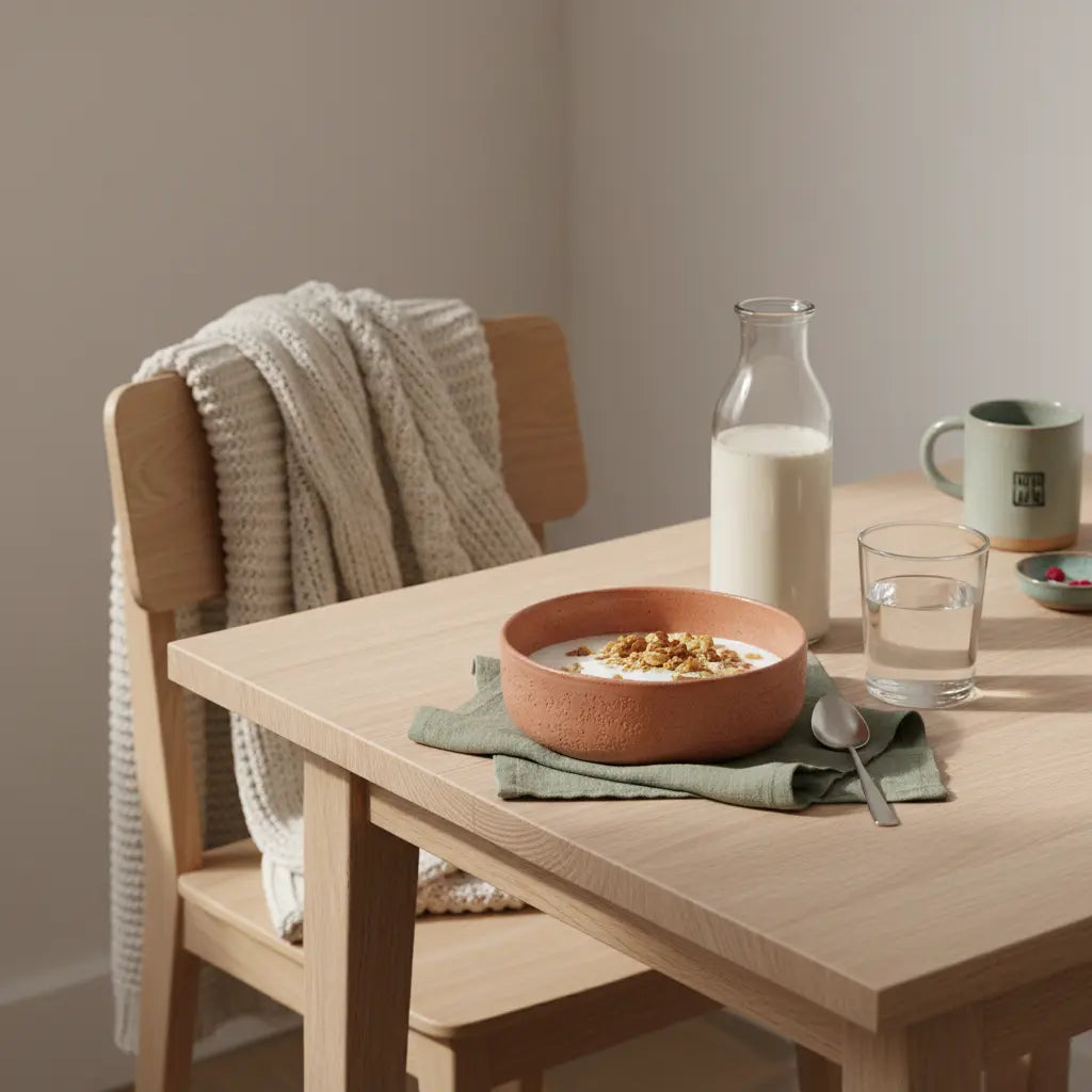 Veganes Frühstück mit Granola, Joghurt, Nüssen und Shake auf minimalistischem Tisch in ruhiger Morgenatmosphäre, motivierend für Bauchfett verlieren.