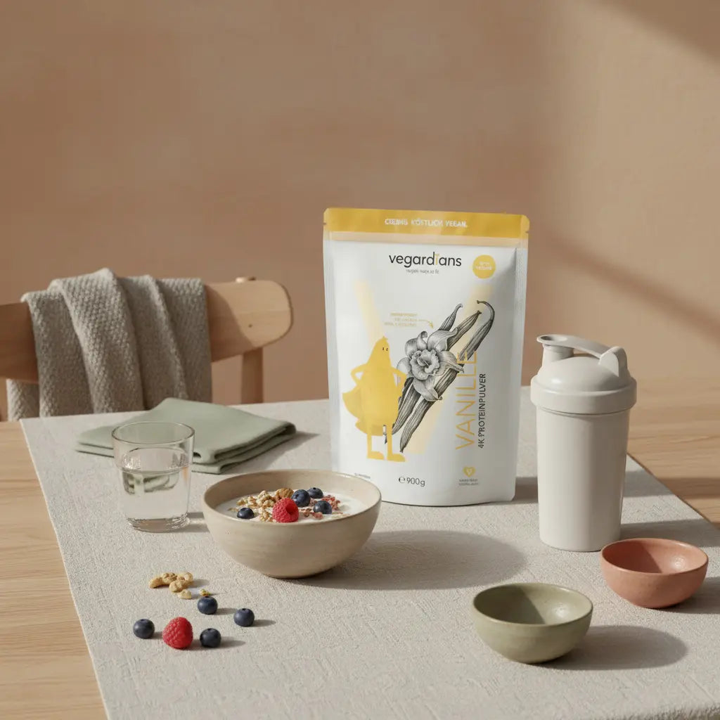 Veganer Frühstückstisch mit Hafer, Nüssen, Beeren, Wasserglas und Produkt aus Referenzfotos in ruhiger Morgenküche, inspirierend für Bauchfett verlieren.