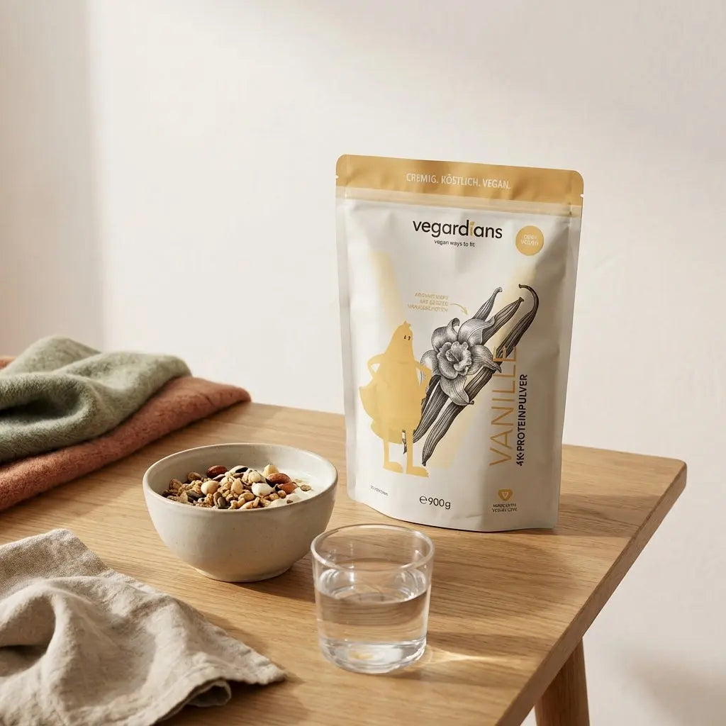 Minimalistisches Frühstück mit Müsli, Proteinshake und Glas Wasser auf nachhaltigem Holztisch im Morgenlicht – Szene zur Unterstützung beim Bauchfett verlieren