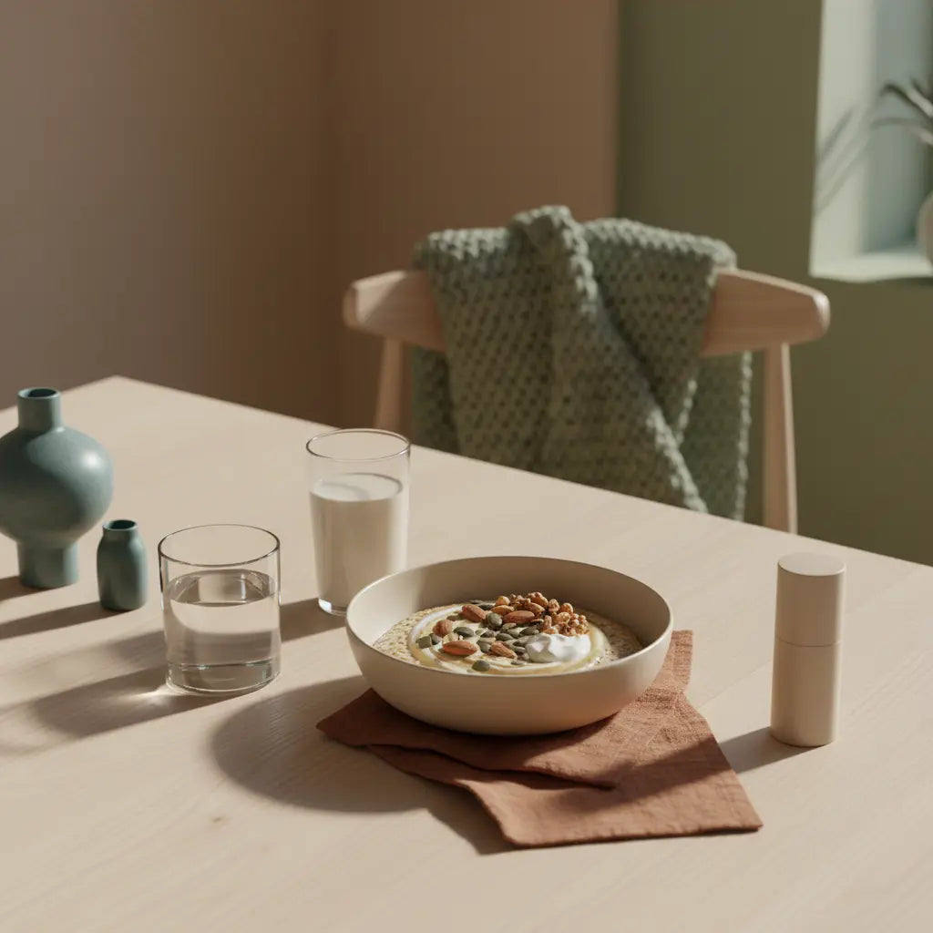 Minimalistisches Frühstück mit veganer Hafer-Schüssel, Wasserglas, Proteinshake und Produkt aus Referenzfotos auf Holztisch – Bauchfett verlieren durch bewusstes Essen.