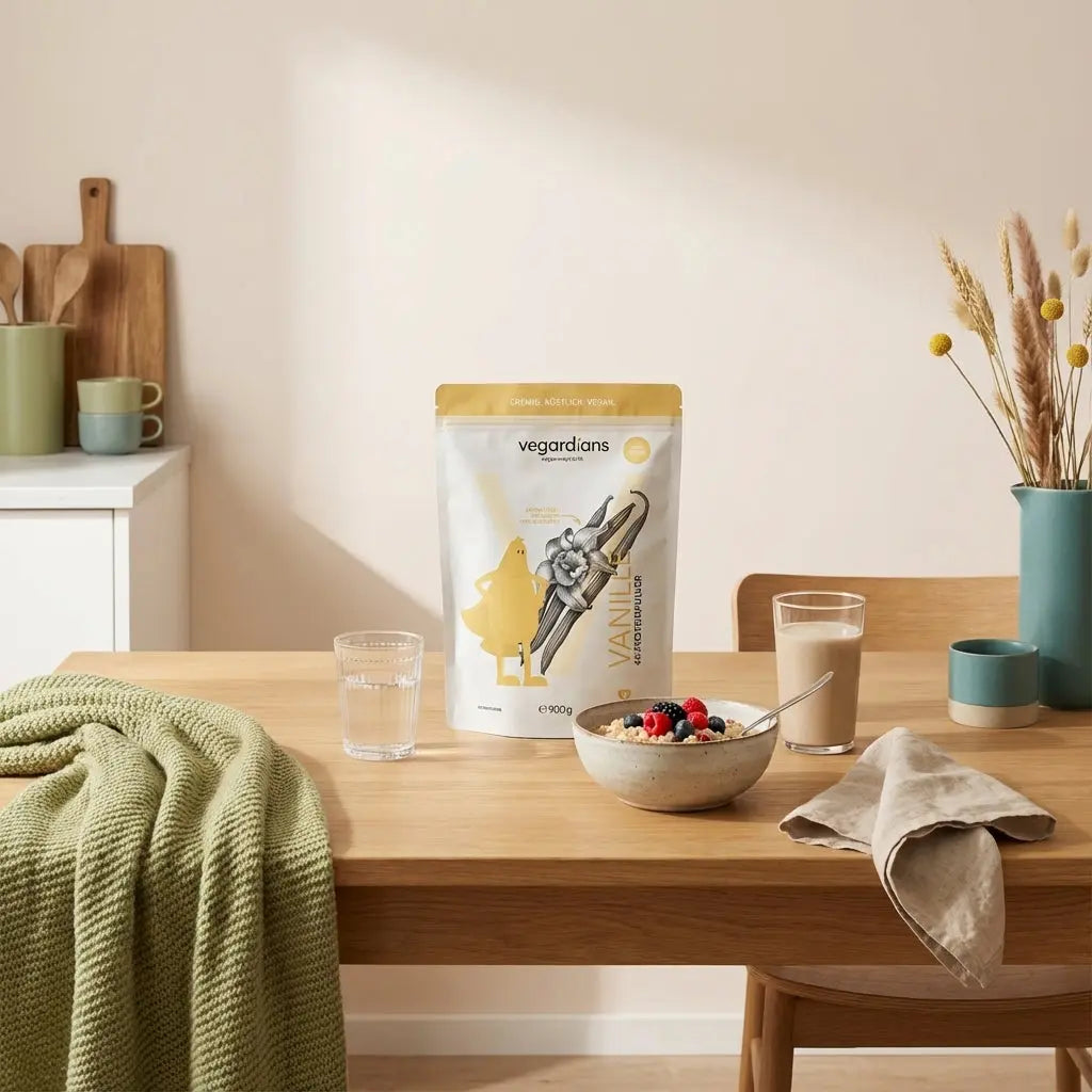 Morgendliches veganes Frühstück mit Haferbrei, Beeren, Proteinshake und Glas Wasser auf nachhaltigem Holztisch – Bauchfett verlieren durch bewusste Ernährung