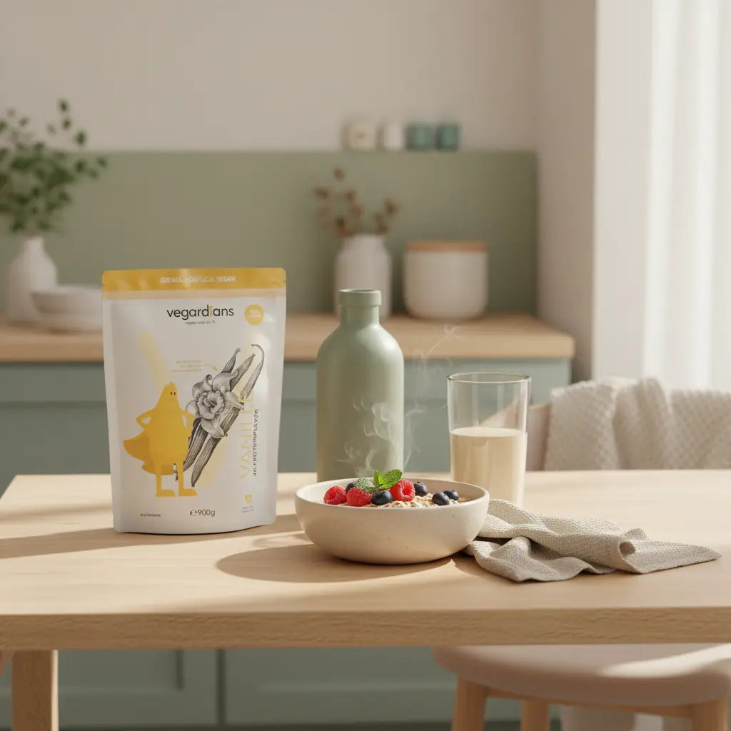 Minimalistische Küchenszene mit Haferbrei, Beeren, Keramikflasche und Shakeglas auf nachhaltigem Holztisch im Morgenlicht — Bauchfett verlieren im Alter