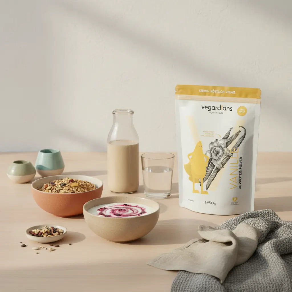 Minimalistische Morgen-Küchenszene mit nachhaltigem Holztisch, veganem Müsli, pflanzlichem Joghurt, Nüssen, Protein‑Shake und Glas Wasser – Tipp zum Bauchfett verlieren