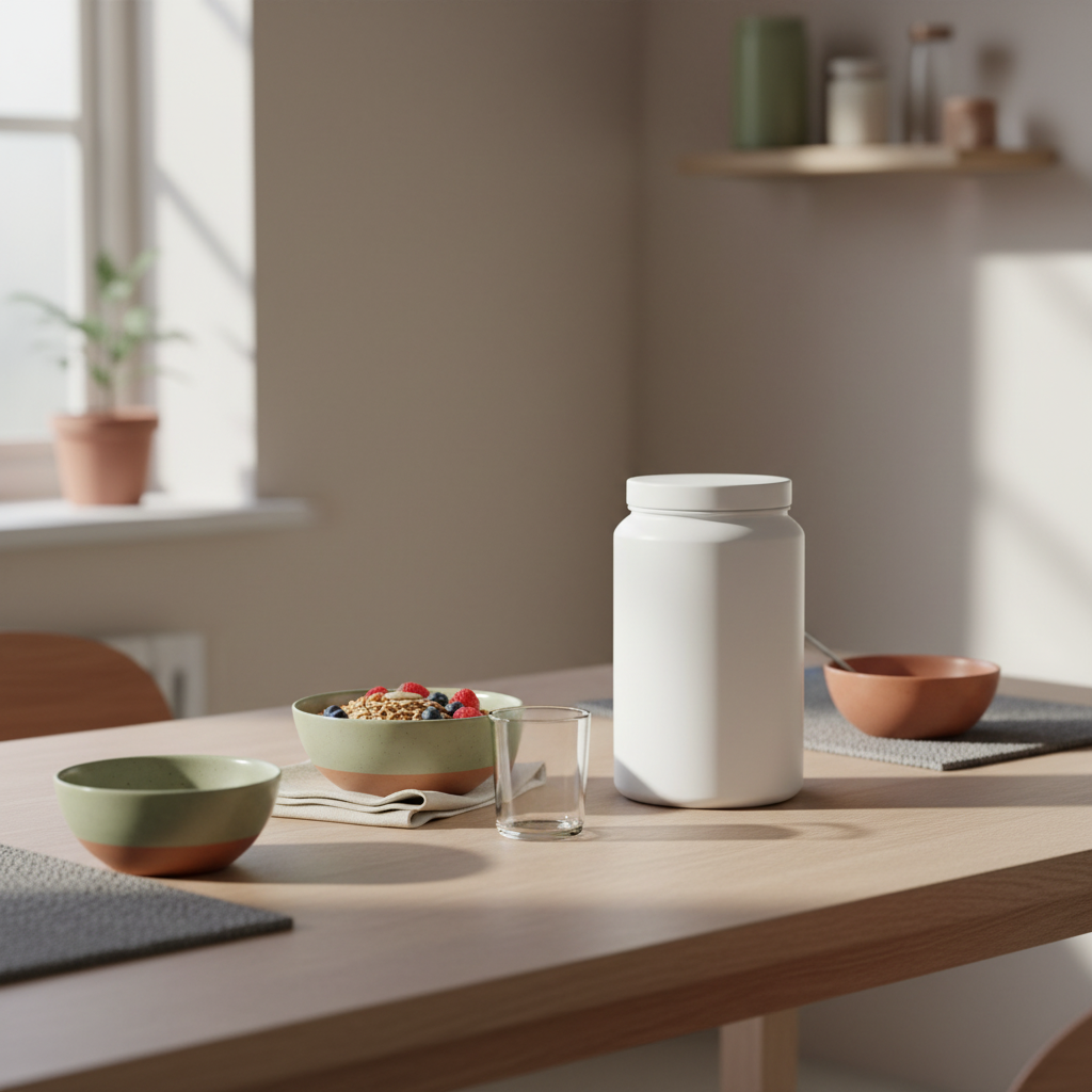 Minimalistische Morgenküche mit Müsli, Beeren, pflanzlichem Shake und Glas Wasser auf nachhaltigem Holztisch – nährender, ruhiger Stil gegen bauchfett wechseljahre.