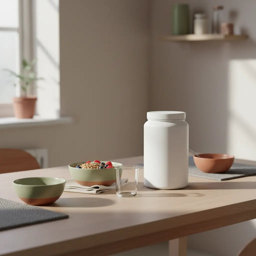 Minimalistische Morgenküche mit Müsli, Beeren, pflanzlichem Shake und Glas Wasser auf nachhaltigem Holztisch – nährender, ruhiger Stil gegen bauchfett wechseljahre.