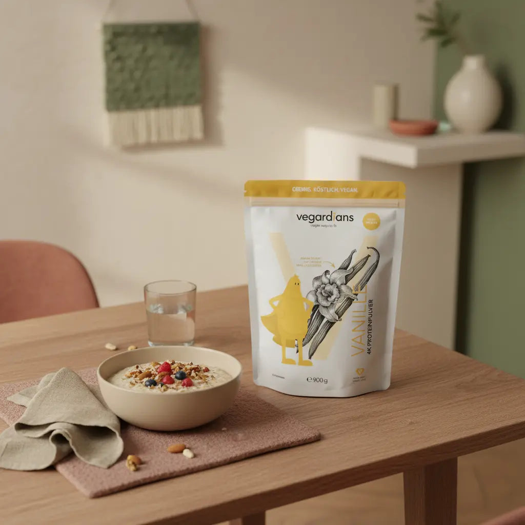 Minimalistische Frühstücksszene auf Holztisch mit Haferbrei, Nüssen, Beeren und Glas Wasser in sanftem Morgenlicht, bewusst und nährend — Bauchumfang von 87 cm