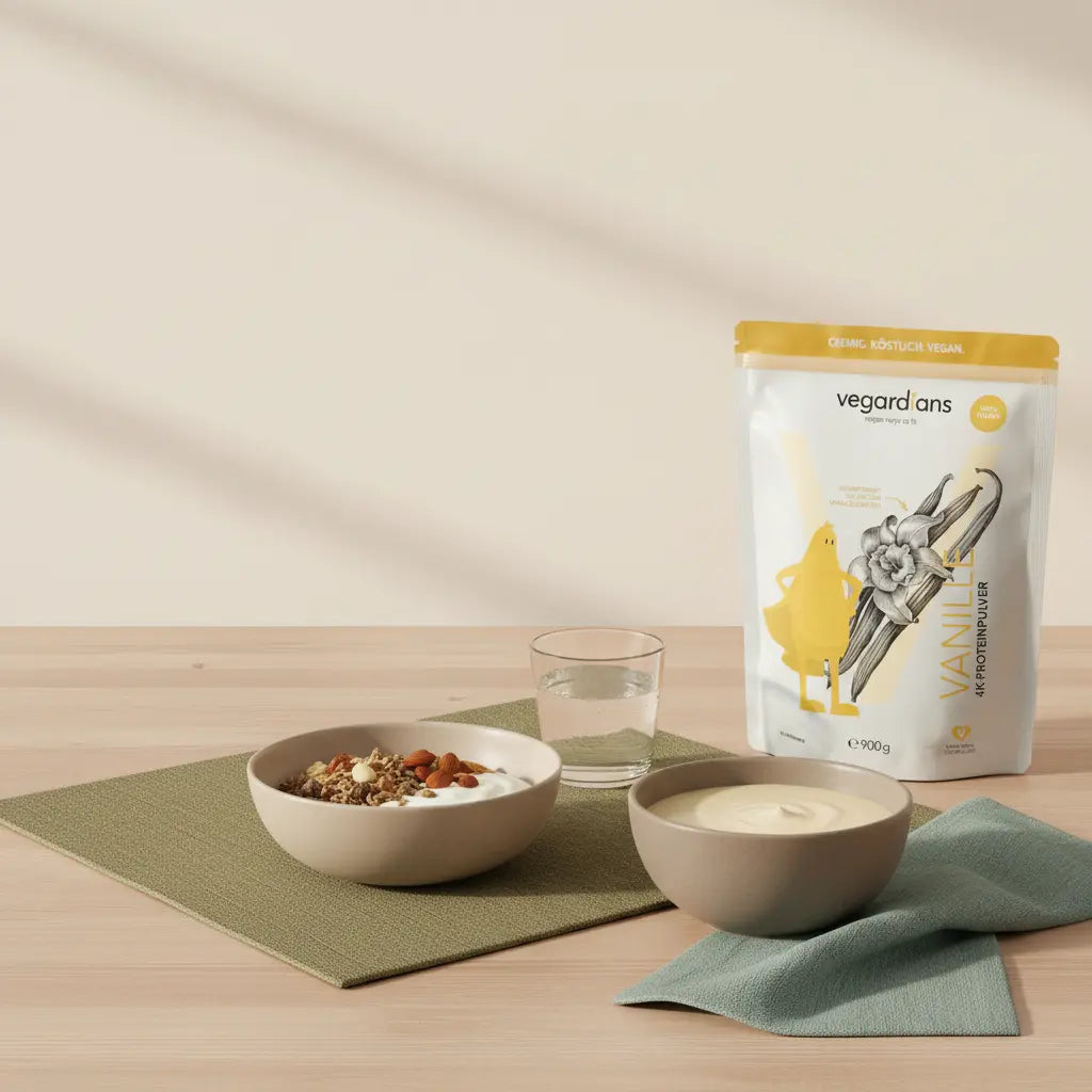 Morgendliche europäische Küchen-Szene mit nachhaltigem Holztisch, Glas Wasser, veganem Müsli, Joghurt, Nüssen und Vanille-Proteinshake; ruhige, nährende Ästhetik. BBP Übungen