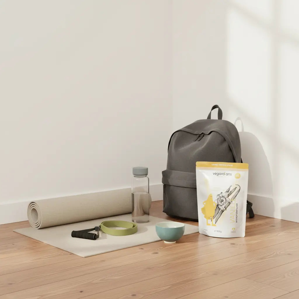 Minimalistische Trainings-Ecke im hellen Wohnzimmer mit Yogamatte, Widerstandsband, Wasserflasche, Rucksack und Produkt aus den Referenzfotos – beine zuhause trainieren