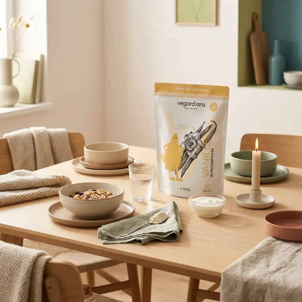 Sanfte Morgenlicht-Küchenszene mit nachhaltigem Holztisch, Müsli, Glas Wasser, Joghurt mit Vanille‑Protein und Leinenserviette – besinnliche Weihnachtszeit