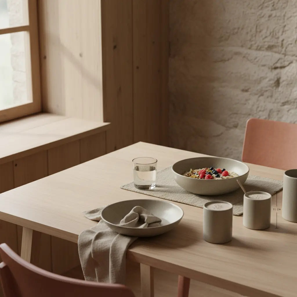 Minimalistische Morgenszene mit nachhaltigem Holztisch, veganer Müsli-Schüssel, Glas Wasser und Shake – beste Ernährung fürs abnehmen, ruhiges veganes Frühstück.