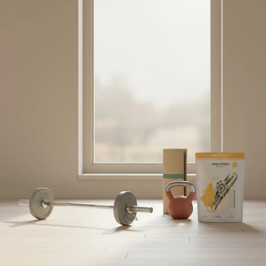 Minimalistische Gymszene ohne Personen mit Holzfußboden, Langhantel, Matte, Kettlebell und Vegardians‑Produkt — ruhige Stimmung für die beste rückenübung.