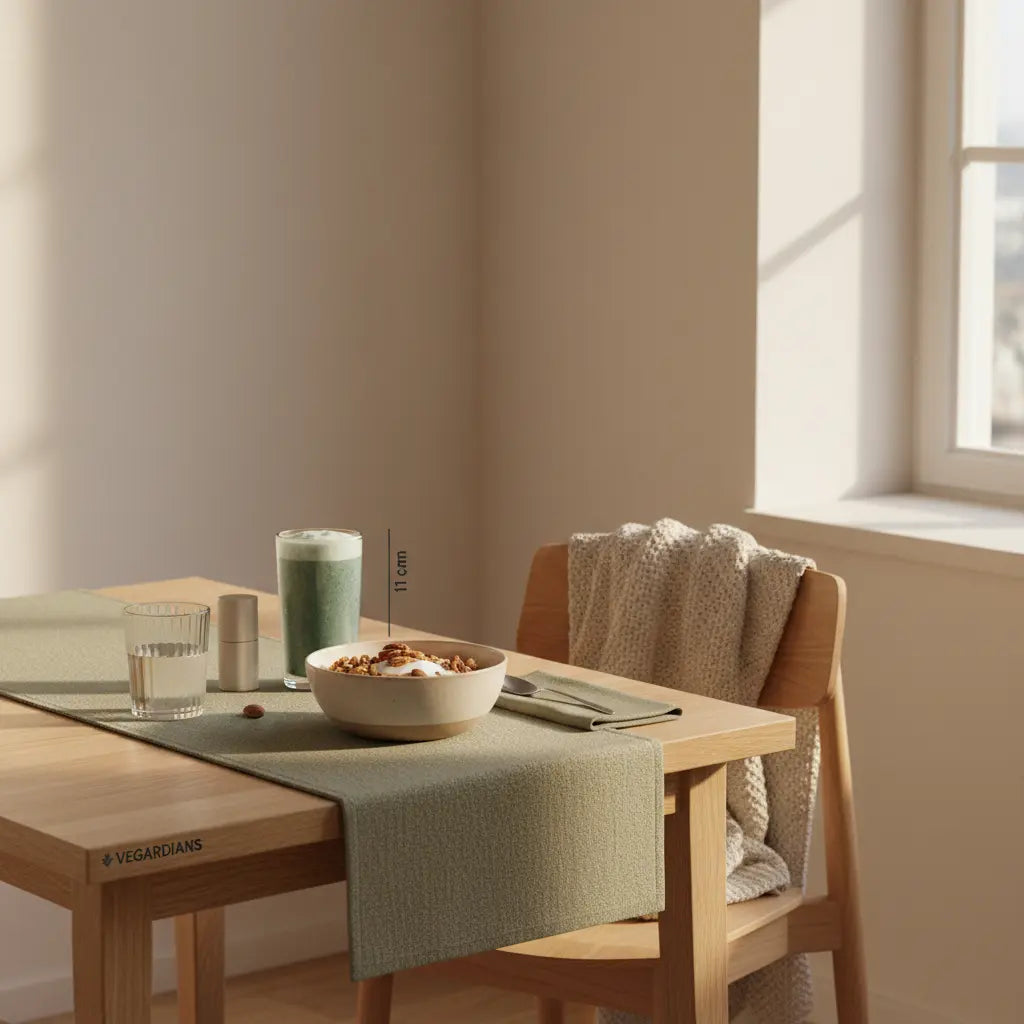 Ruhiges veganes Frühstück mit Granola, pflanzlichem Joghurt, Nüssen und Shake auf nachhaltigem Tisch in heller Küche – beste zeit zum trainieren