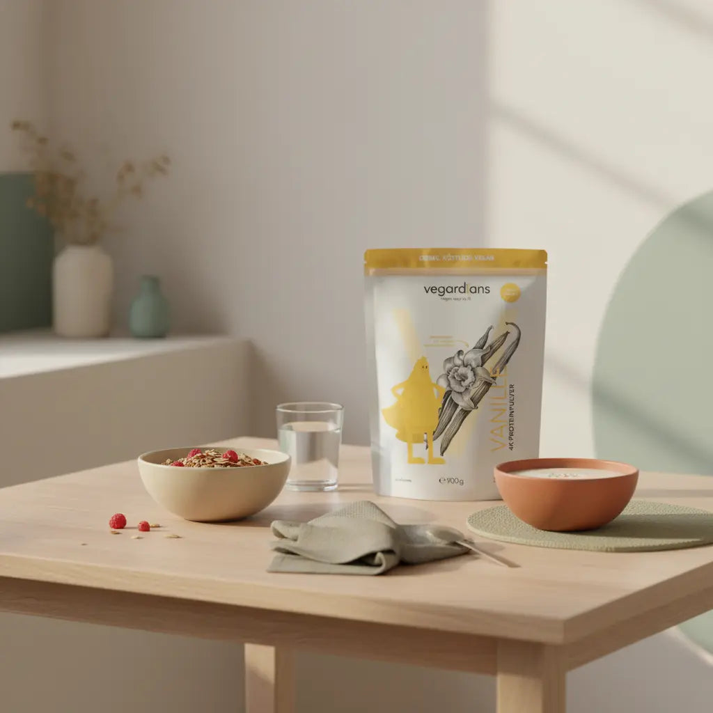 bester diätplan zum abnehmen: veganes Hafer‑Beeren‑Müsli und Protein‑Shake auf nachhaltigem Holztisch in minimalistischer Morgen-Küchenszene