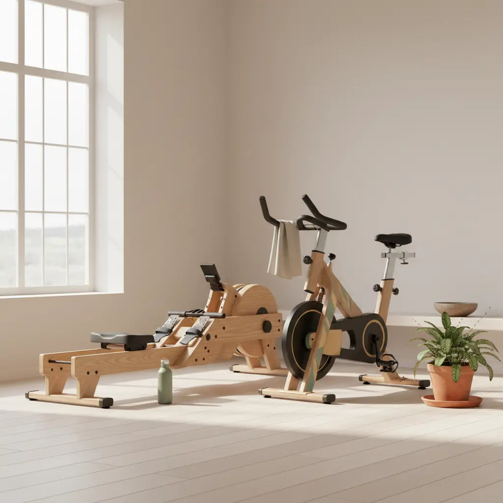 Minimalistische Heimtrainingsszene mit Ruderergometer und Indoor-Bike im Morgenlicht, ruhige erdige Töne – idealer Kontext für das beste cardio gerät