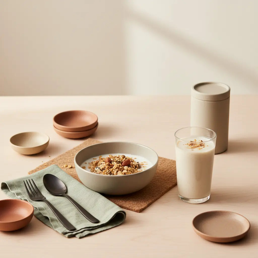 Minimalistisches Frühstück mit Granola, pflanzlichem Joghurt, Nüssen und Shake auf nachhaltigem Tisch – bestes eiweiß für muskelaufbau