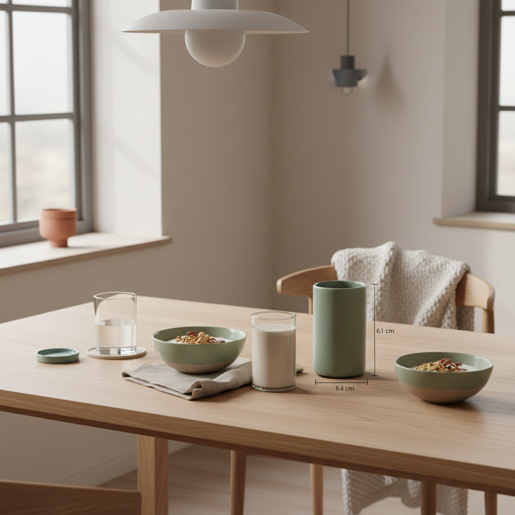 Veganer Frühstückstisch in hellem Morgenlicht mit Granola, Joghurt, Nüssen, Shake und nachhaltigem Geschirr — bestes eiweiß zum muskelaufbau