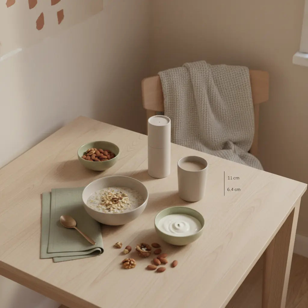 Minimalistisches Vegardians-Frühstück mit Haferbrei, Sojajoghurt, Nüssen und pflanzlichem Shake auf nachhaltigem Holztisch im Morgenlicht – bestes essen zum abnehmen ohne hungern