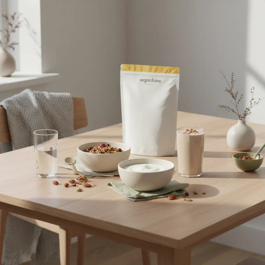 Minimalistische Morgen-Küchenszene mit Müsli, Joghurt, Nüssen und Vegardians-Produkt auf nachhaltigem Holztisch – bestes proteinpulver zum abnehmen